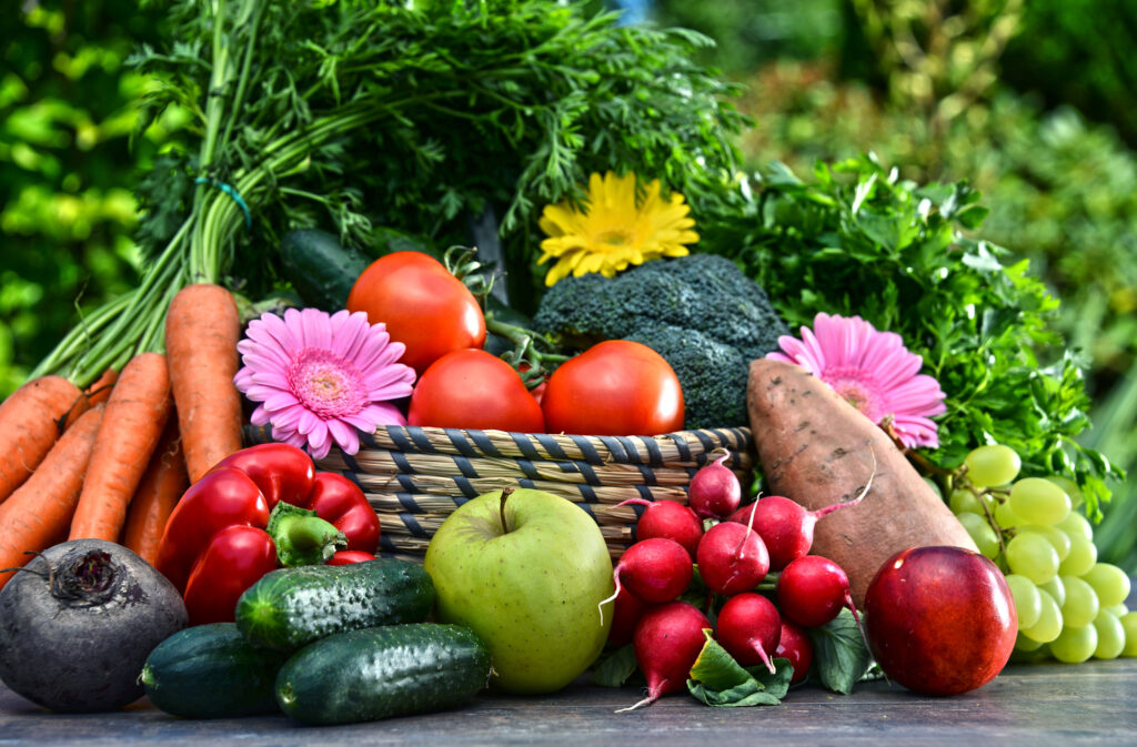 A variety of fruits and vegetables from the garden. 