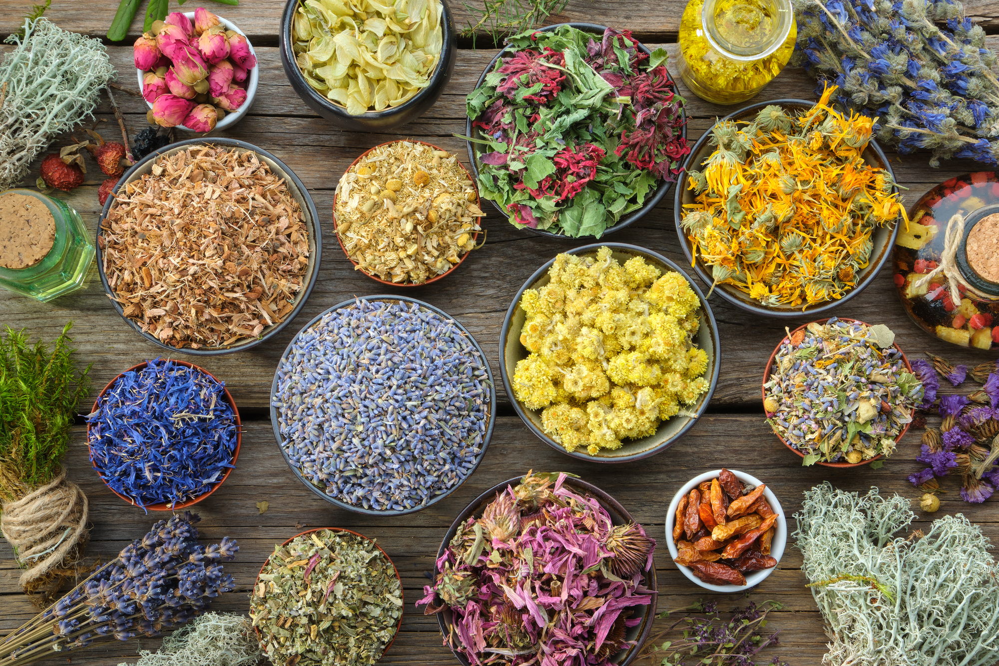 Variety of dry medicinal herbs - lavender, coneflower, cornflower, marigold, rose and helichrysum flowers.