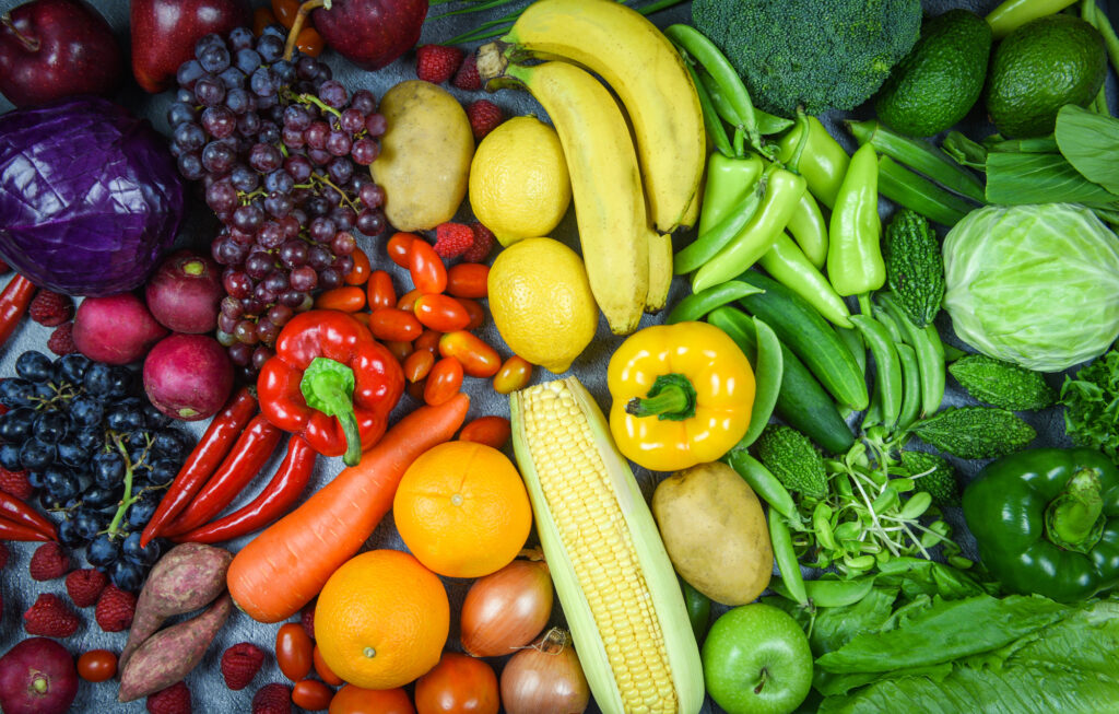 Nutritious fresh ripe fruit and colorful vegetables. 