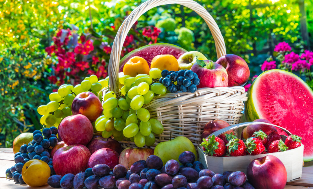 Variety of fresh ripe fruits from the garden. 