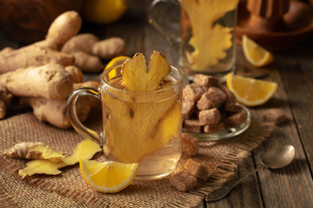 Ginger tea with lemon and brown sugar used as an anti-inflammatory. 