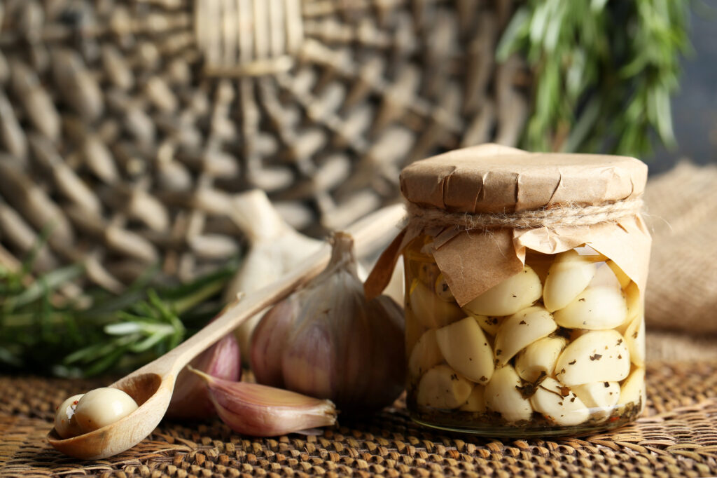 Canned garlic cloves used as herbal medicine. 