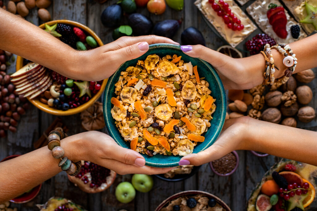 Dried fruit and muesli (whole grain) cereal with pumpkin seeds. 